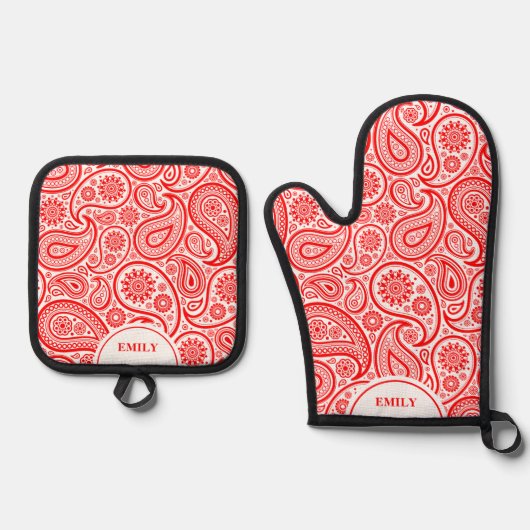 Rood en Wit Elegant  Paisley Pattern Ovenwant & Pannenlap Set (Voorkant)