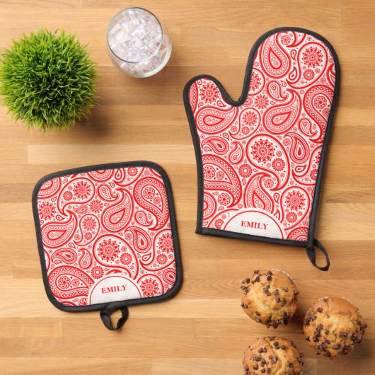 Rood en Wit Elegant  Paisley Pattern Ovenwant & Pannenlap Set (Top down)