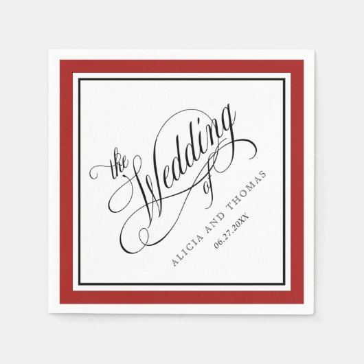 Rood en Wit Elegante Kalligrafie Trouwen Servet (Voorkant)