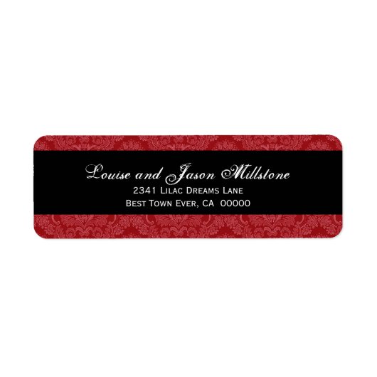Rood en Wit Feathery Damask Bruiloft Collectie Etiket (Voorkant)