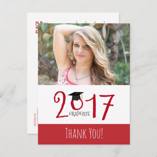 Rood en wit, Foto Afstuderen Dank u Aankondigingskaart (Voorkant / Achterkant)