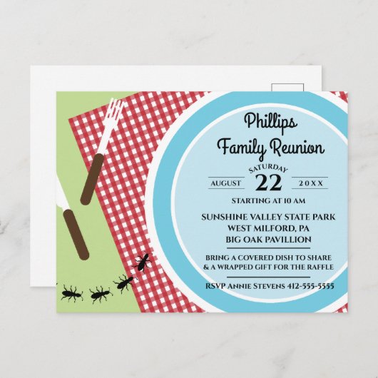 Rood en wit geblokt tafelkleed familiereünie uitnodiging briefkaart (Voorkant / Achterkant)