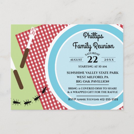 Rood en wit geblokt tafelkleed familiereünie uitnodiging briefkaart (Voorkant)