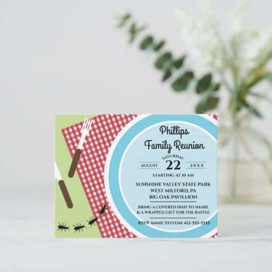 Rood en wit geblokt tafelkleed familiereünie uitnodiging briefkaart (Staand voorkant)