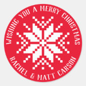 Rood en wit gebreid sneeuwvlok kerstcadeau ronde sticker (Voorkant)