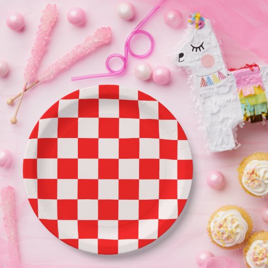 Rood en wit gecheckt patroon papieren bordje (Feest)