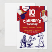 Rood en Wit geïllustreerd honkbal verjaardagsfeest Kaart (Voorkant / Achterkant)