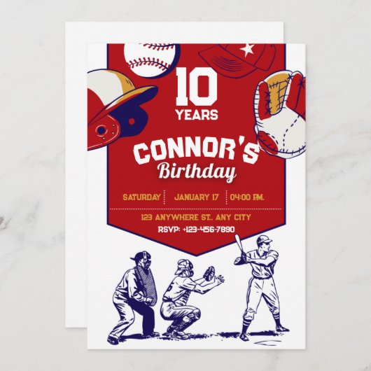 Rood en Wit geïllustreerd honkbal verjaardagsfeest Kaart (Voorkant / Achterkant)