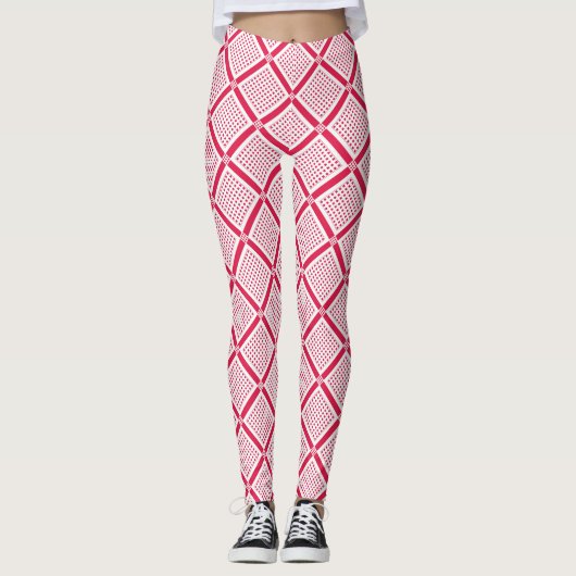 Rood en wit geometrisch geruit patroon retro leggings (Voorkant)