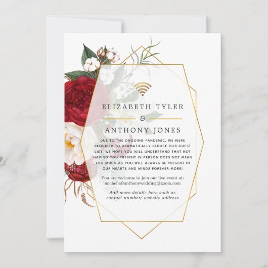 Rood en wit geometrische virtuele trouwgastenlijst aankondiging (Voorkant)