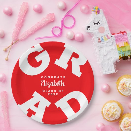 Rood en wit gepersonaliseerd Afstuderen Papieren Bordje (Feest)