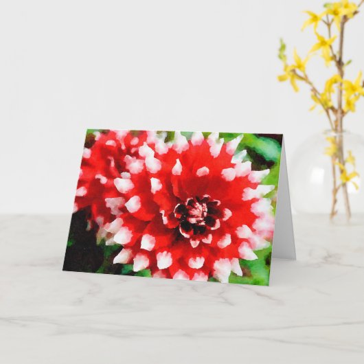 Rood en wit geschilderde tip Dahlia's Waterverf va Kaart (Gele Bloem)