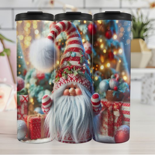 Rood en wit gestreepte gnoom thermosbeker