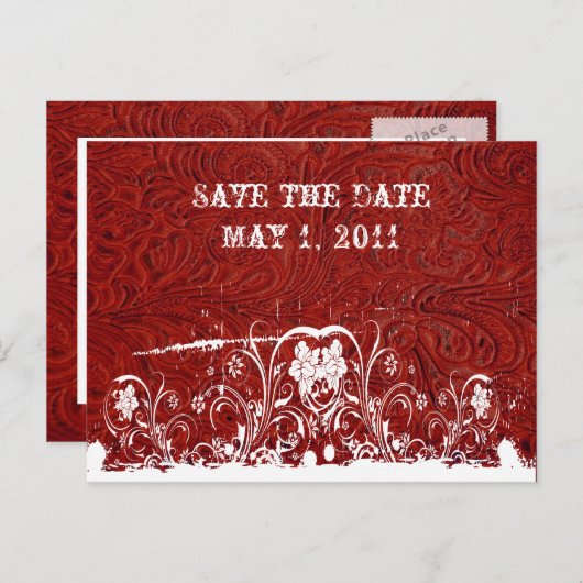 Rood en wit getand leer Bewaar de datum Aankondigingskaart (Voorkant / Achterkant)