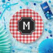Rood en wit Gingham Buffalo Controleer zwart monog Papieren Bordje (Feest)