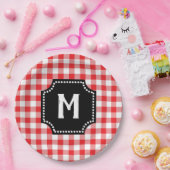 Rood en wit Gingham Buffalo Controleer zwart monog Papieren Bordje (Feest)