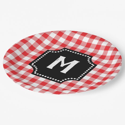 Rood en wit Gingham Buffalo Controleer zwart monog Papieren Bordje (Gekanteld)