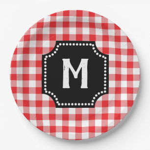 Rood en wit Gingham Buffalo Controleer zwart monog Papieren Bordje