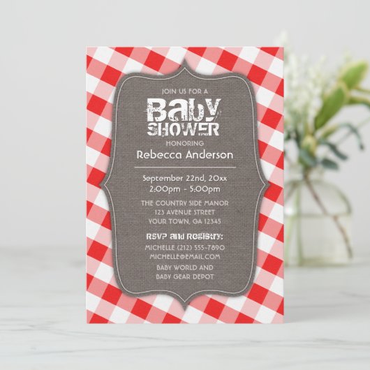 Rood en wit Gingham Canvas Baby Shower Invitaties Kaart (Staand voorkant)