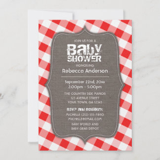 Rood en wit Gingham Canvas Baby Shower Invitaties Kaart