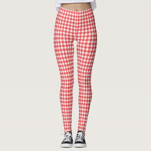 Rood en wit Gingham Check Leggings (Voorkant)
