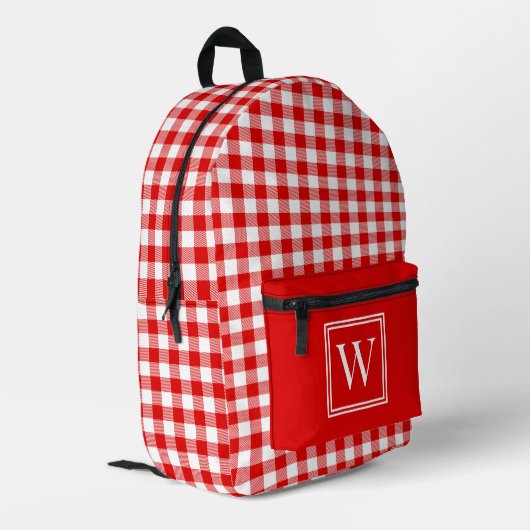 Rood en Wit Gingham Check Plaid Monogram Bedrukte Rugzak (Achterkant Hoek Links)