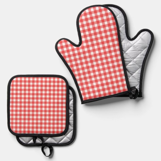 Rood en Wit Gingham Gecontroleerd Ovenwant & Pannenlap Set (Voorkant / Achterkant)