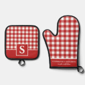 Rood en Wit Gingham Geruit Geblokt Monogrammeerd Ovenwant & Pannenlap Set (Voorkant)