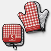 Rood en Wit Gingham Geruit Geblokt Monogrammeerd Ovenwant & Pannenlap Set (Voorkant / Achterkant)