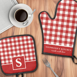 Rood en Wit Gingham Geruit Geblokt Monogrammeerd Ovenwant & Pannenlap Set