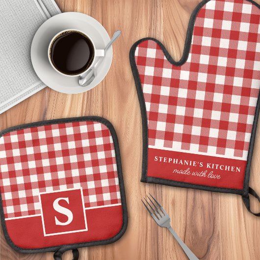Rood en Wit Gingham Geruit Geblokt Monogrammeerd Ovenwant & Pannenlap Set