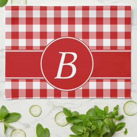 Rood en wit Gingham Monogram Kitchen Towel Theedoek (Gevouwen)