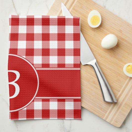 Rood en wit Gingham Monogram Kitchen Towel Theedoek (Quarter Fold)