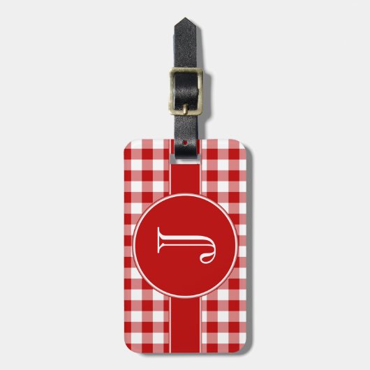 Rood en wit Gingham Monogrammed Bagagelabel (Voorkant verticaal)