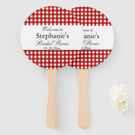 Rood en wit Gingham Pattern Bridal Picnic Handwaaier (Voorkant en achterkant)