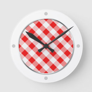 Rood en wit Gingham Pattern-slot Ronde Klok