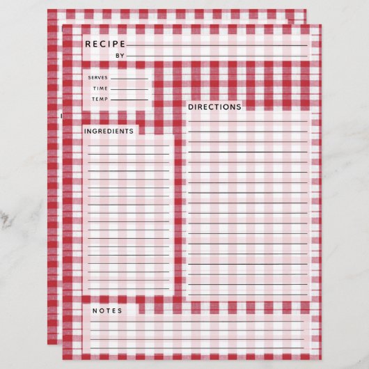 Rood en wit Gingham Recipe Invoegen (Voorkant / Achterkant)