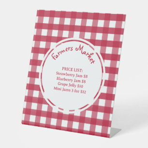 Rood en Wit Gingham Teken voor Boeren Markt Reclamebord Met Voetstuk