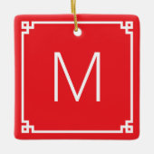 Rood en wit Grieks Key Border Monogram Foto Keramisch Ornament (Voorkant)