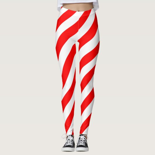 Rood en Wit Grote Grootte Diagonale Strepen Leggings (Voorkant)