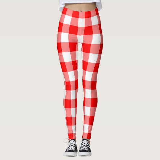 Rood en Wit Grote Grootte Gingham Checks Leggings (Voorkant)