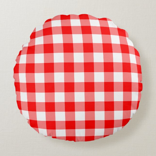 Rood en Wit Grote Grootte Gingham Checks Rond Kussen (Voorkant)
