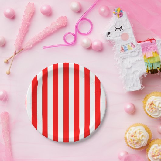 Rood en Wit Grote Grootte Strepen Papieren Bordje (Feest)