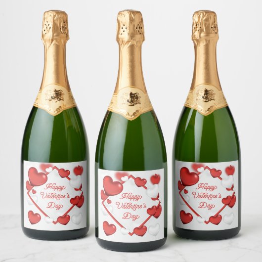 Rood en wit hart met Happy Valentijnsdag Sparkling Wijnetiket (Flessen)