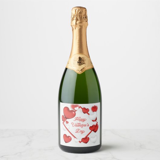 Rood en wit hart met Happy Valentijnsdag Sparkling Wijnetiket (Voorkant)