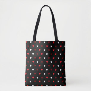 Rood en wit harten op zwart tote bag