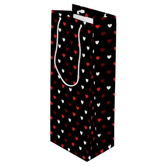 Rood en wit harten op zwart wijn cadeautas (Voorkant Gekanteld)