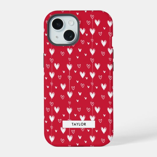 Rood en Wit Hartpatroon Monogram Naam iPhone 15 Case (Achterkant)