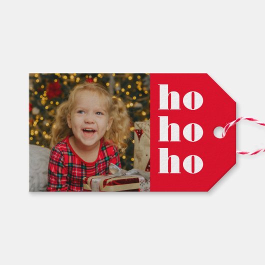 Rood en Wit Ho Ho Ho met Foto Kerstmis Cadeaulabel (Voorkant (Horizontaal))