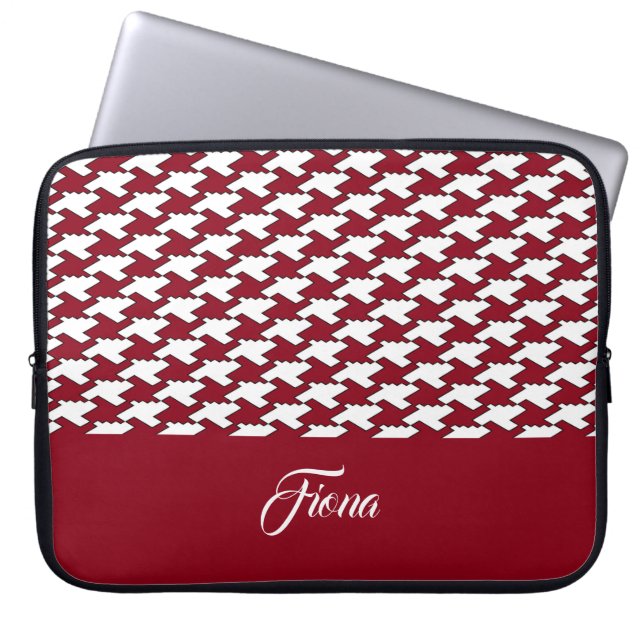 Rood en wit houndstooth patroon monogram laptop sleeve (Voorkant)
